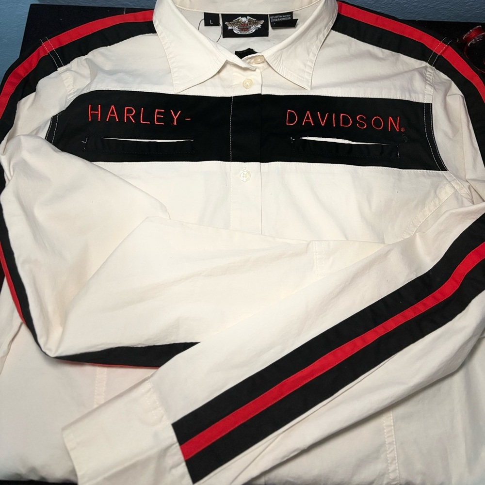 Harley-Davidson Women’s Large button up shirt 1990’Harley racing shirt
